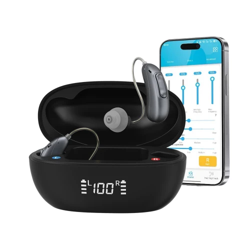 Set Aparate auditive reincarcabile digitale AudiSound 5122, aproape invizibile, conexiune bluetooth, aplicatie smartphone pentru control si personalizare frecvente